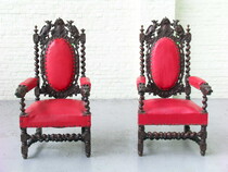 Armchairs (pair) Hunting style France Oak/Leather 1890