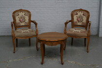 Armchairs (pair) + coffeetable Louis XV Belgium Walnut 1920