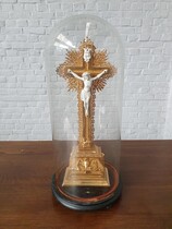 Crucifix in Dome Gothic Belgium glass/Brass 1890