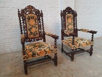 Armchairs (pair) Hunting style France Oak 1890