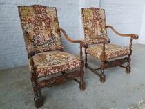 Armchairs (Tapestry) Louis XIV Belgium Walnut 1920