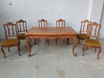 Table +  6 chairs Louis XV (Liege style) Belgium Oak 1920