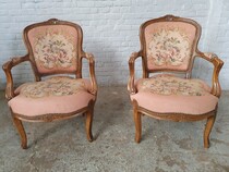 Armchairs (pair) Louis XV (Tapestry) Belgium Walnut 1920