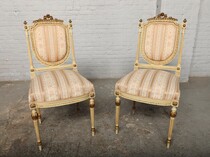 Chairs (Pair) Louis XVI Belgium Walnut/Silk 1900