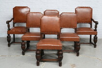Set of Armchairs + 4 chairs Tudor style Belgium Oak/Leather 1920